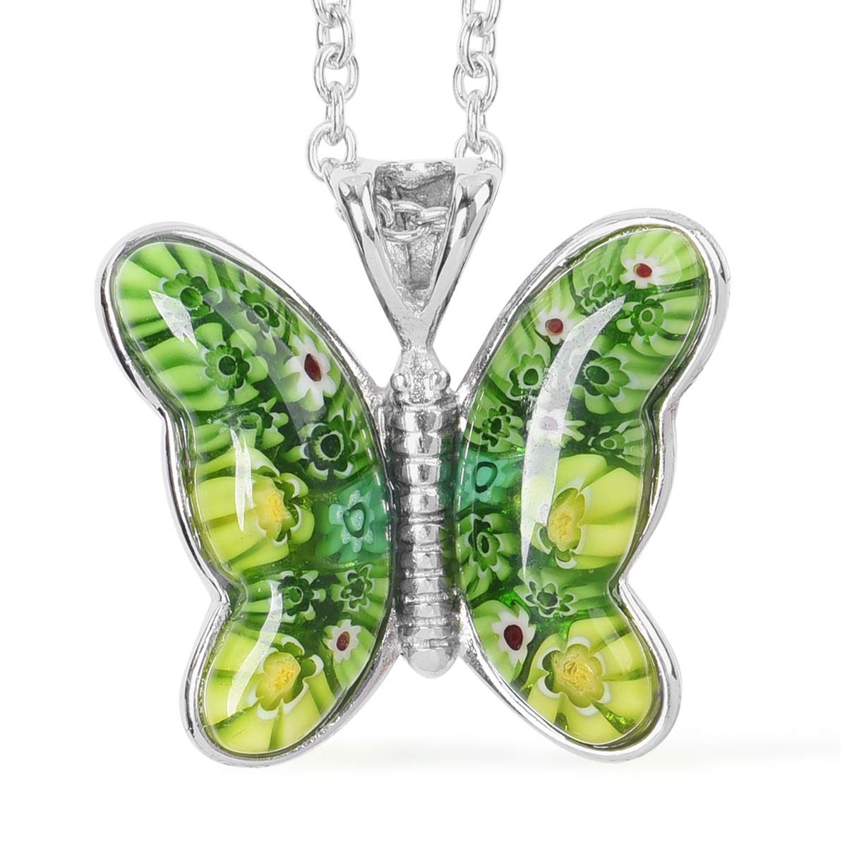 SHOP LC DELIVERING JOY Stainless Steel Murano Style Millefiori Glass Green Butterfly Flower Pendant Necklace Delicate Unique Gifts for Women - Image 2