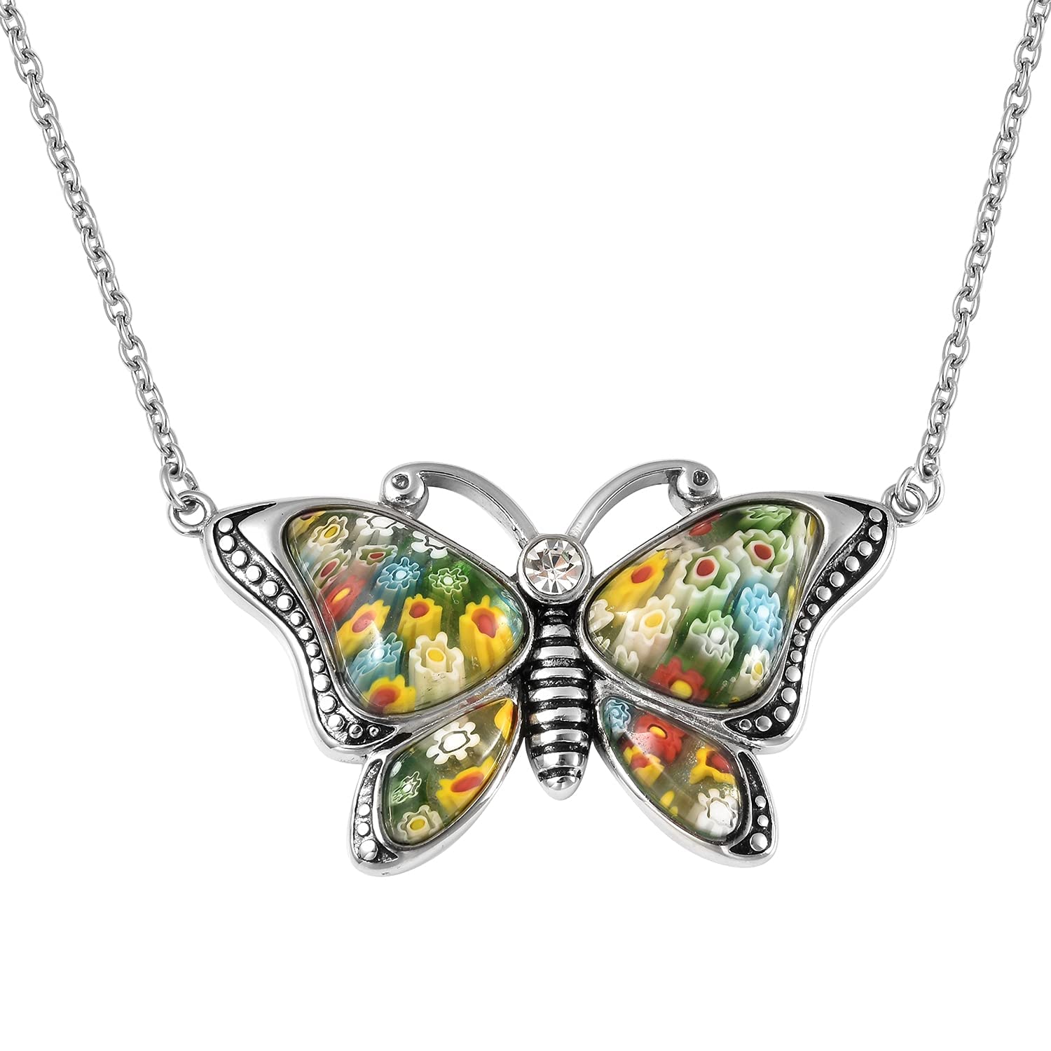 SHOP LC DELIVERING JOY Stainless Steel Murano Style Millefiori Glass Green Butterfly Flower Pendant Necklace Delicate Unique Gifts for Women - Image 3