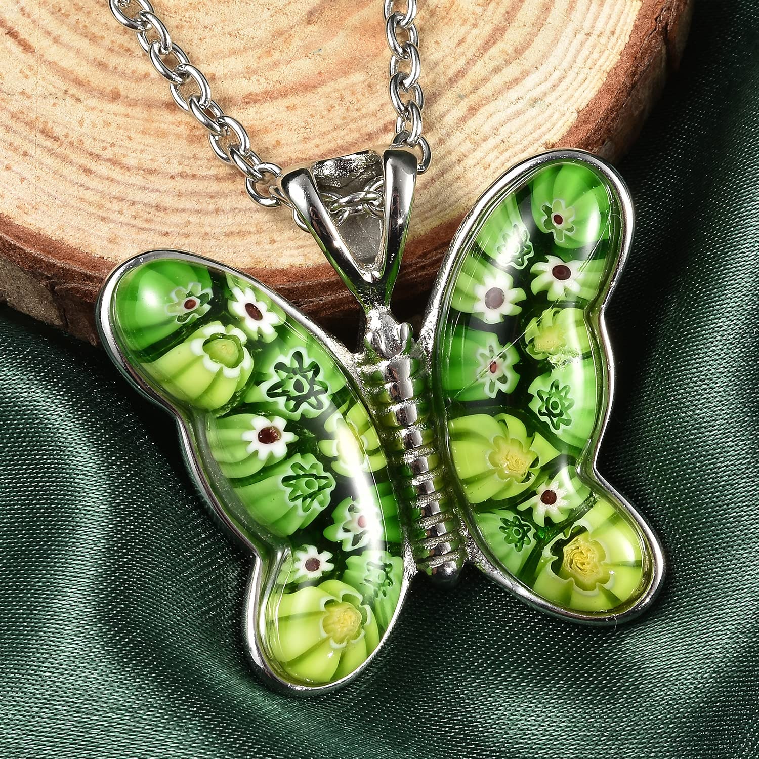 SHOP LC DELIVERING JOY Stainless Steel Murano Style Millefiori Glass Green Butterfly Flower Pendant Necklace Delicate Unique Gifts for Women - Image 4