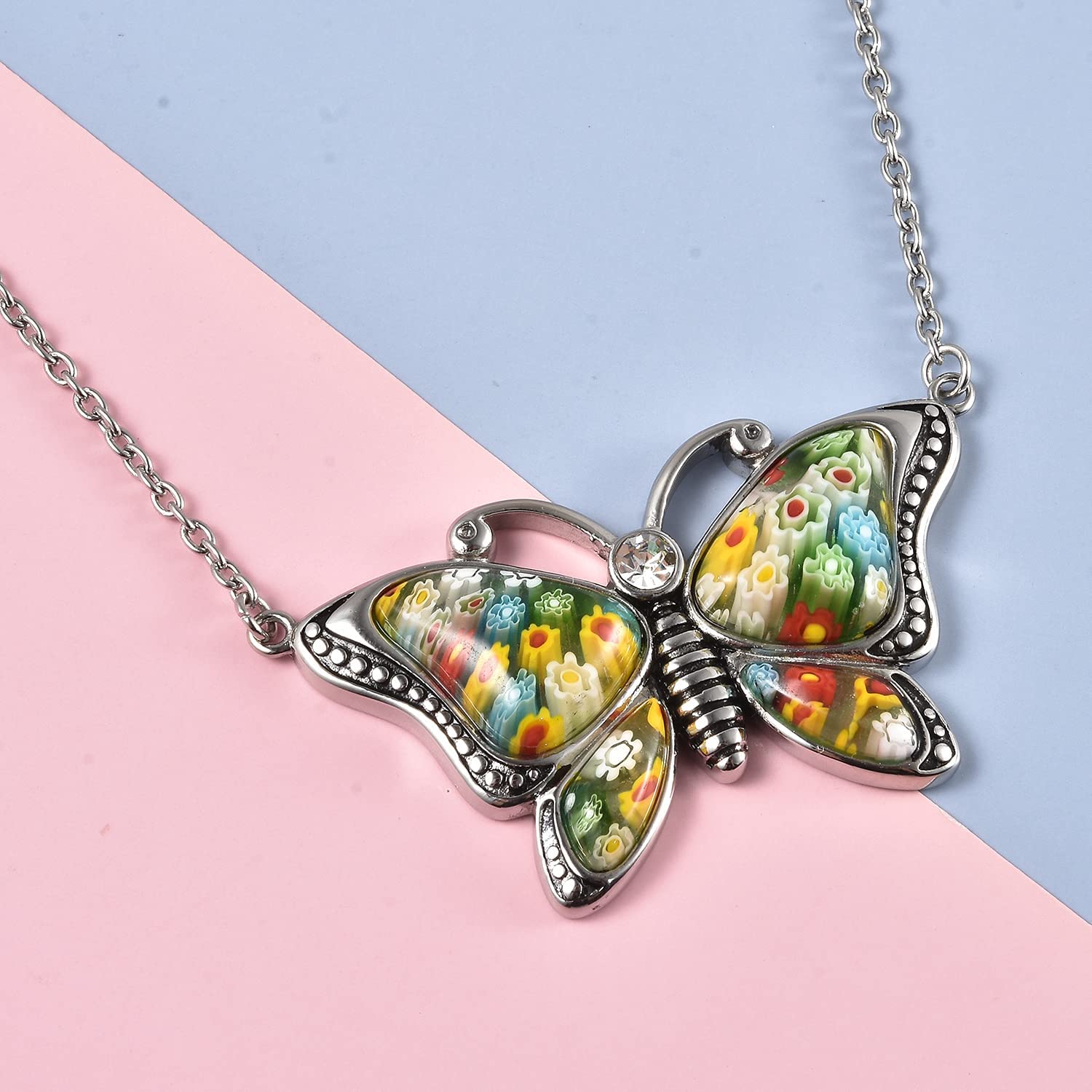 SHOP LC DELIVERING JOY Stainless Steel Murano Style Millefiori Glass Green Butterfly Flower Pendant Necklace Delicate Unique Gifts for Women - Image 5