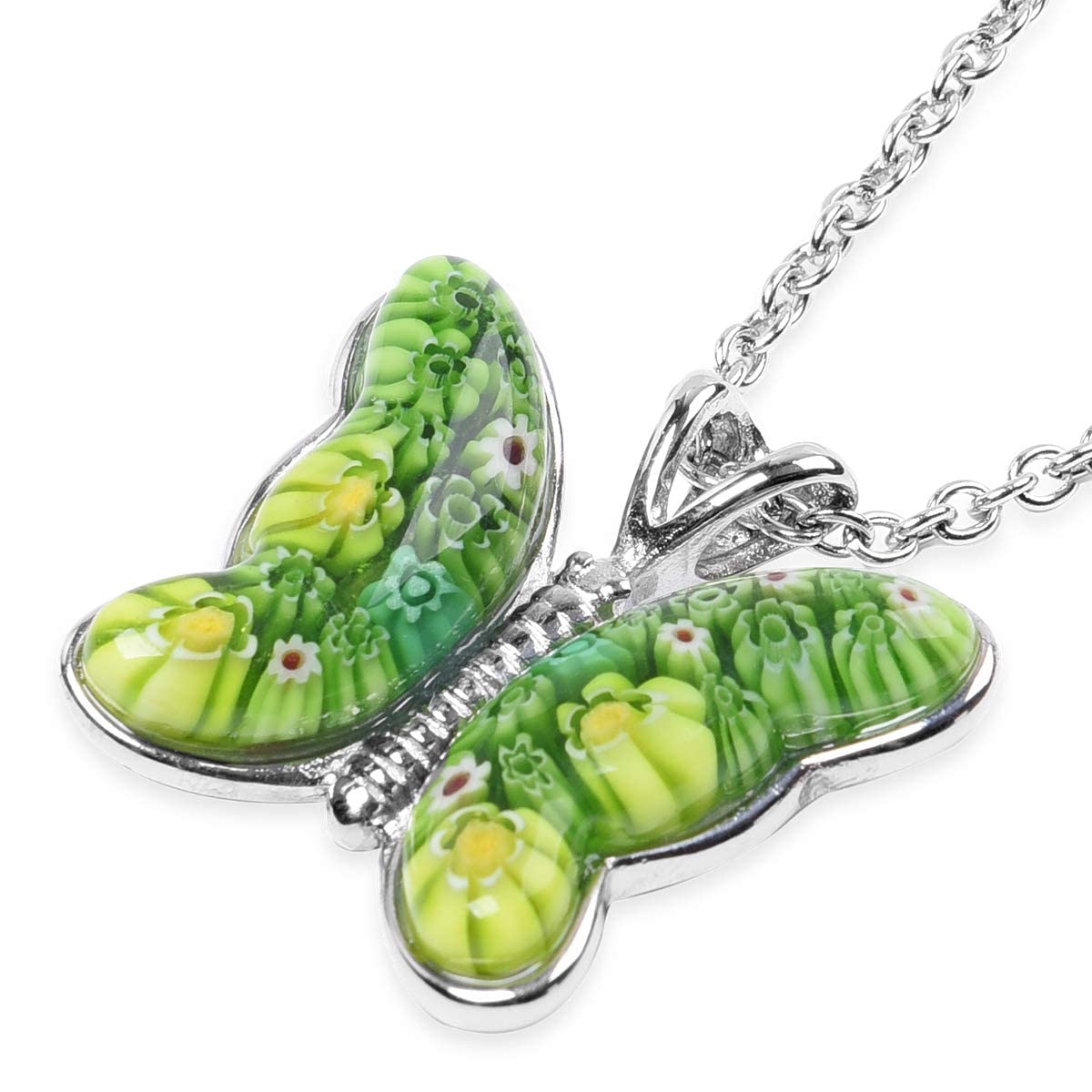 SHOP LC DELIVERING JOY Stainless Steel Murano Style Millefiori Glass Green Butterfly Flower Pendant Necklace Delicate Unique Gifts for Women - Image 7