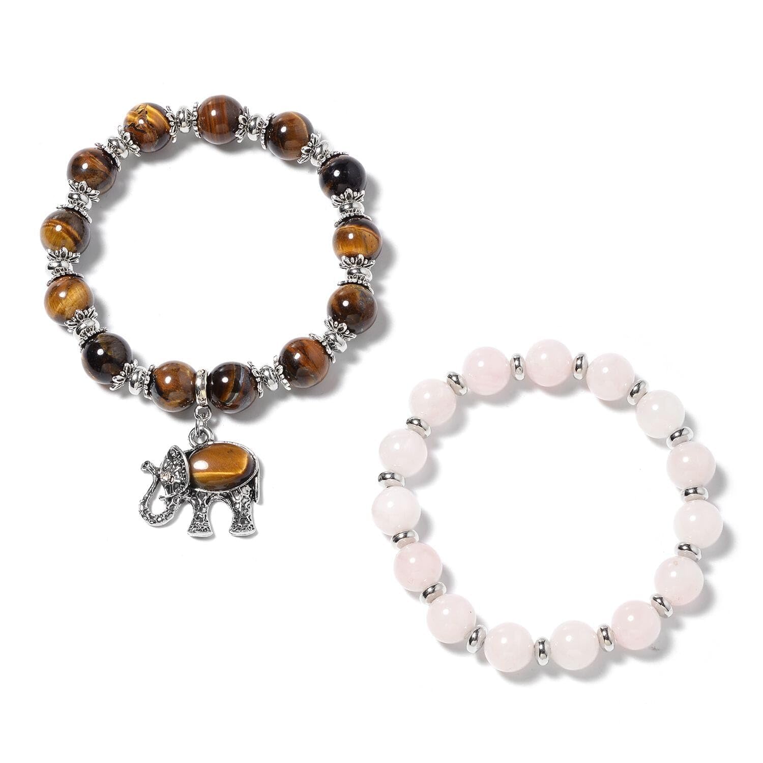 SHOP LC DELIVERING JOY Tiger's Eye Elephant Charm and Rose Quartz Beaded Stretchable Bracelet for Women Set of 2 Birthday Christmas Gifts for Women