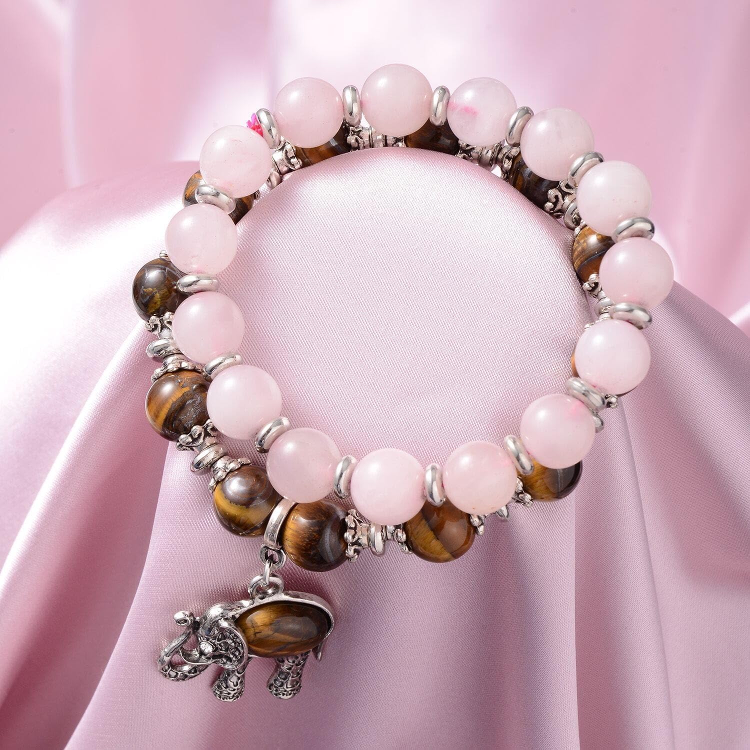SHOP LC DELIVERING JOY Tiger's Eye Elephant Charm and Rose Quartz Beaded Stretchable Bracelet for Women Set of 2 Birthday Christmas Gifts for Women - Image 2