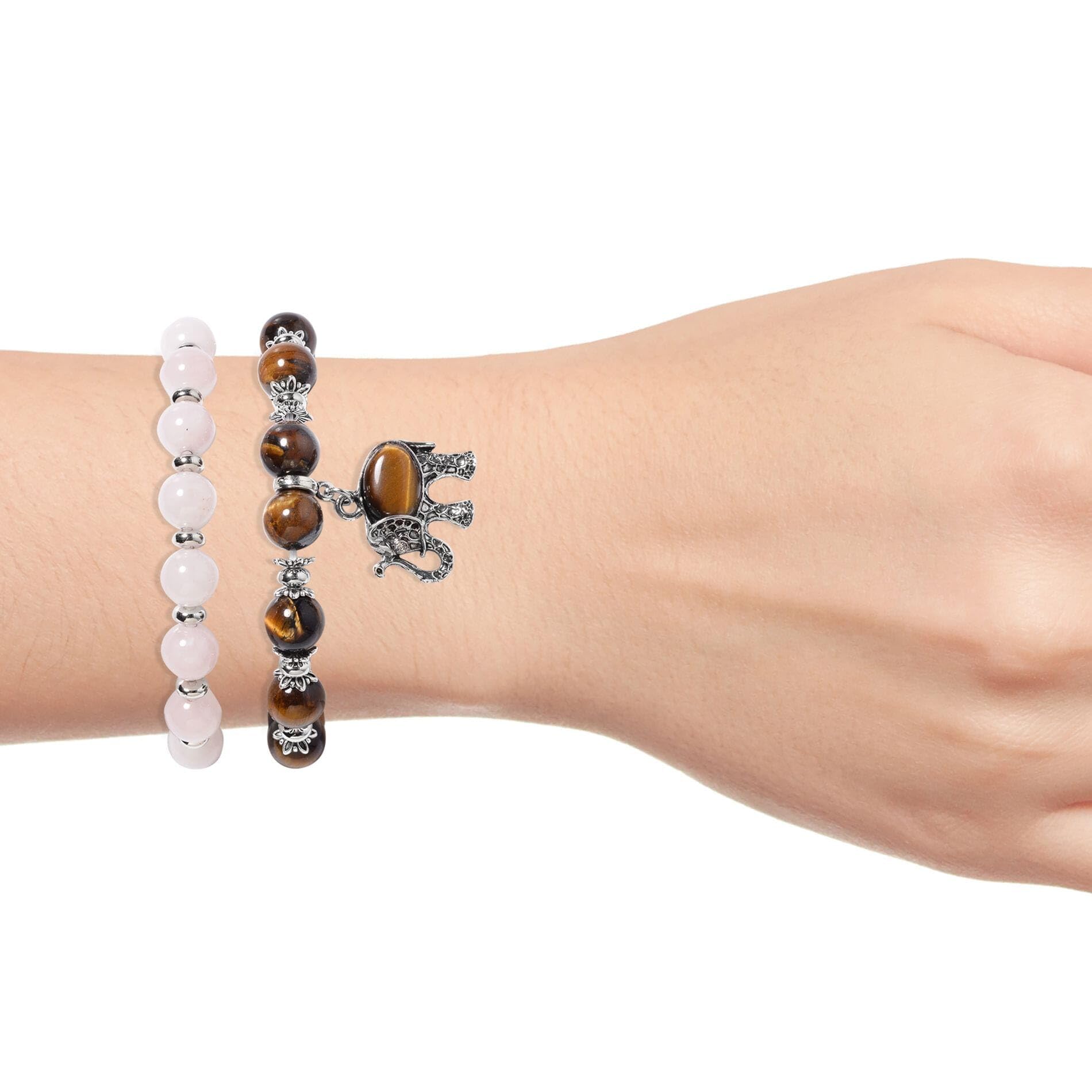 SHOP LC DELIVERING JOY Tiger's Eye Elephant Charm and Rose Quartz Beaded Stretchable Bracelet for Women Set of 2 Birthday Christmas Gifts for Women - Image 3
