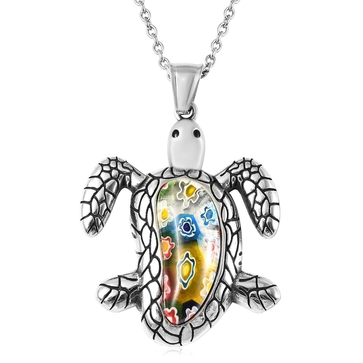 SHOP LC DELIVERING JOY Turtle Necklace for Women Multicolor Murano Style Millefiori Glass Black Oxidized Stainless Steel 20" Birthday Christmas Gifts for Women