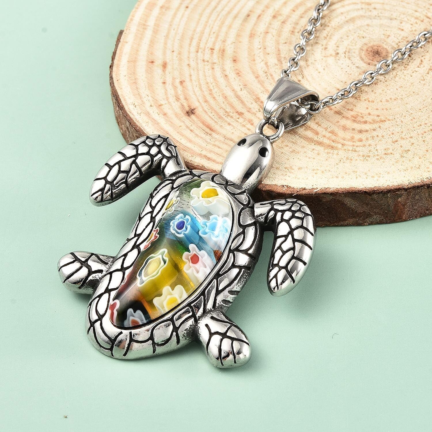 SHOP LC DELIVERING JOY Turtle Necklace for Women Multicolor Murano Style Millefiori Glass Black Oxidized Stainless Steel 20" Birthday Christmas Gifts for Women - Image 2