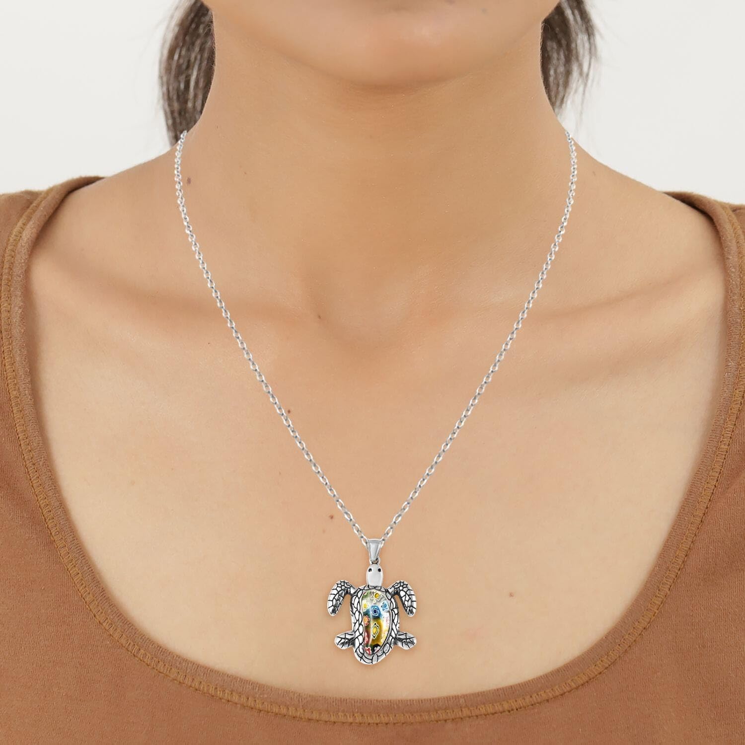 SHOP LC DELIVERING JOY Turtle Necklace for Women Multicolor Murano Style Millefiori Glass Black Oxidized Stainless Steel 20" Birthday Christmas Gifts for Women - Image 3