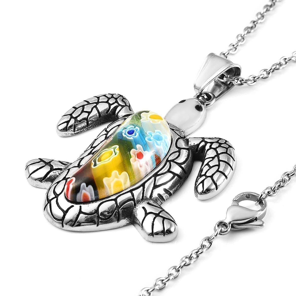 SHOP LC DELIVERING JOY Turtle Necklace for Women Multicolor Murano Style Millefiori Glass Black Oxidized Stainless Steel 20" Birthday Christmas Gifts for Women - Image 4