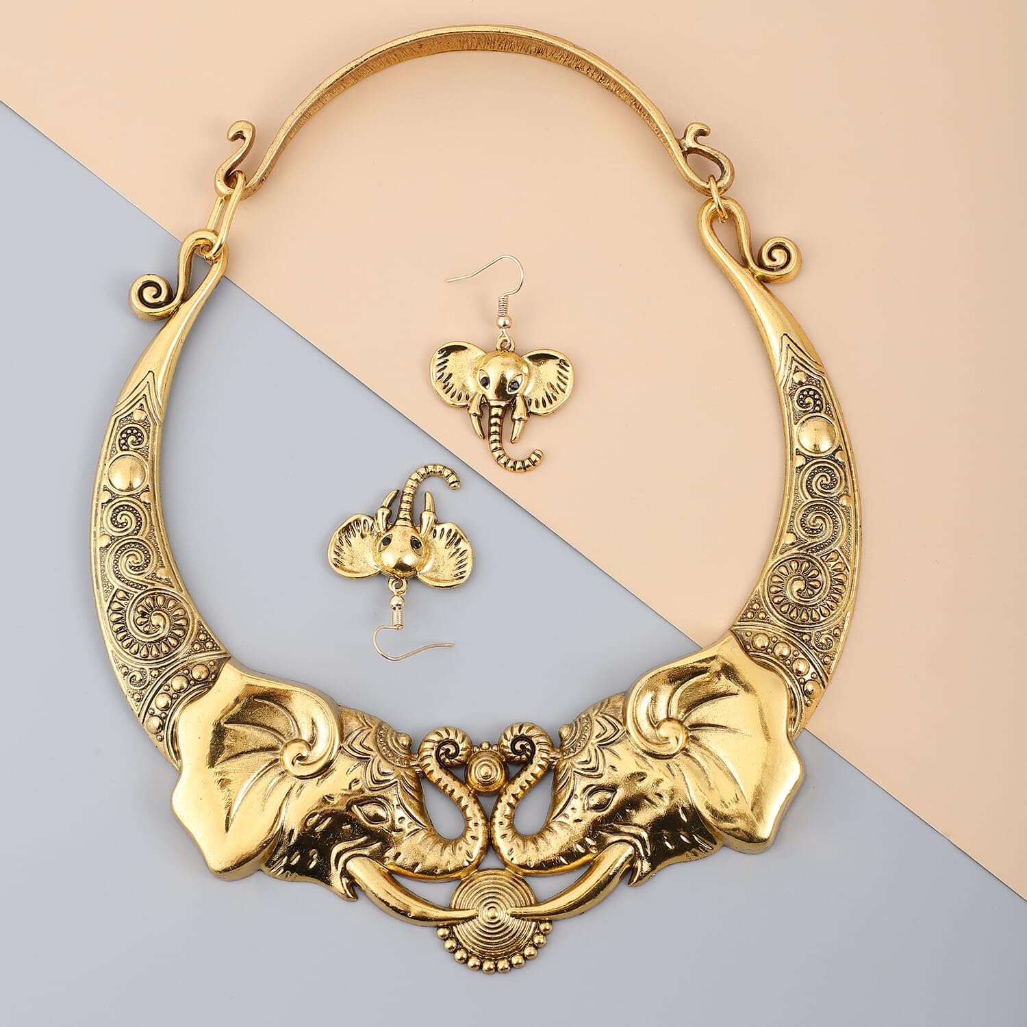 Shop LC Elephant Earrings & Necklace Set - Jewelry for Women - Chunky Statement Jewelry Set in Ion Plated Yellow & Rose Gold & Stainless Steel - 16" Necklace LengthJewelry Birthday Gifts for Women - Image 2
