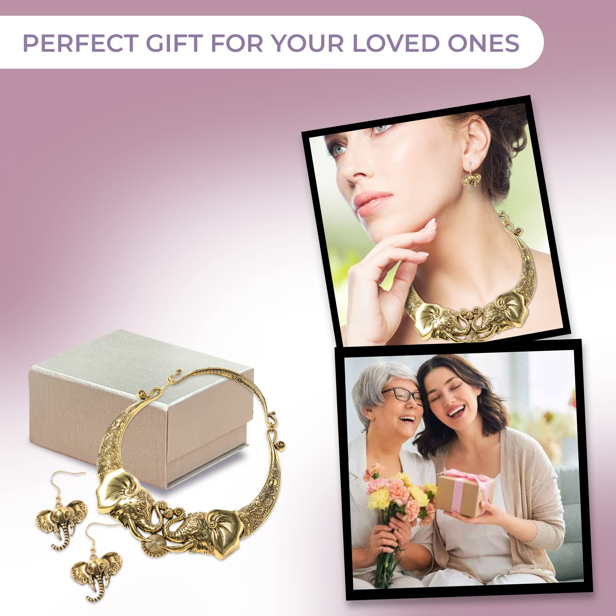 Shop LC Elephant Earrings & Necklace Set - Jewelry for Women - Chunky Statement Jewelry Set in Ion Plated Yellow & Rose Gold & Stainless Steel - 16" Necklace LengthJewelry Birthday Gifts for Women - Image 7