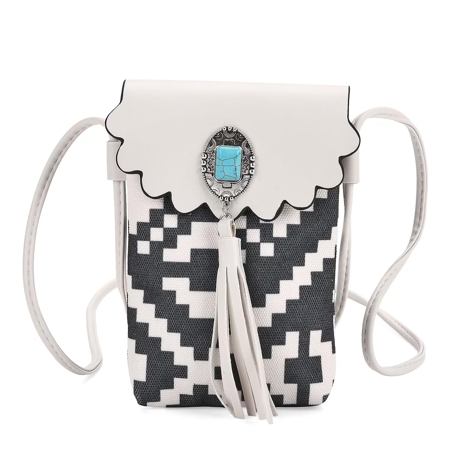 Shop LC Forest Green and White Faux Leather Rhombus Pattern Tassel Crossbody Bag with Shoulder Strap