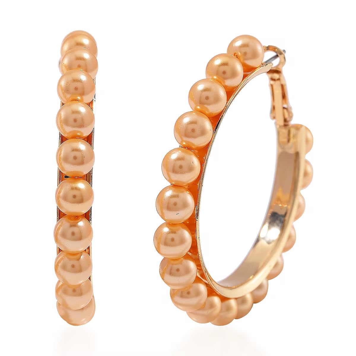 Shop LC Golden Color Shell Pearl Hoop Earrings in ION Plated Yellow Gold Stainless Steel