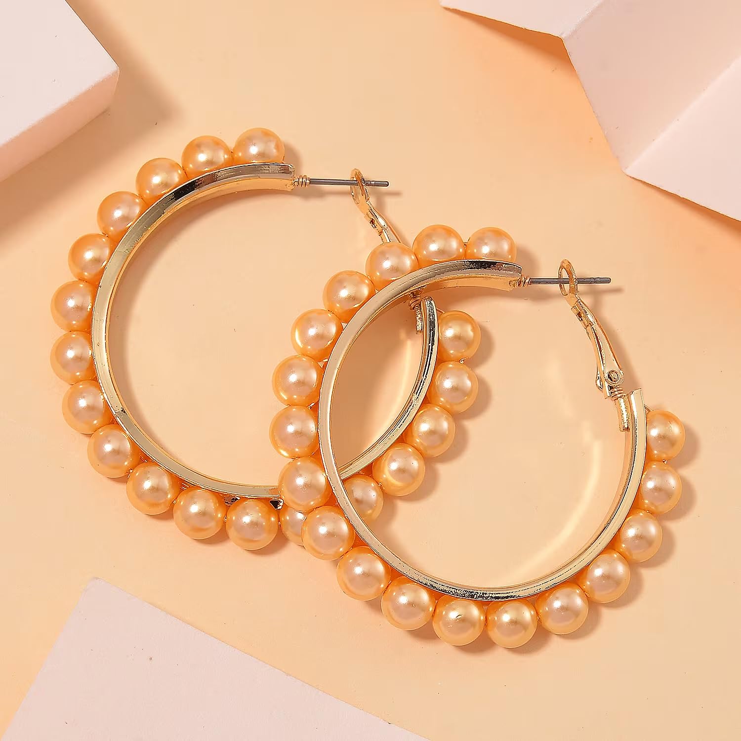 Shop LC Golden Color Shell Pearl Hoop Earrings in ION Plated Yellow Gold Stainless Steel - Image 2