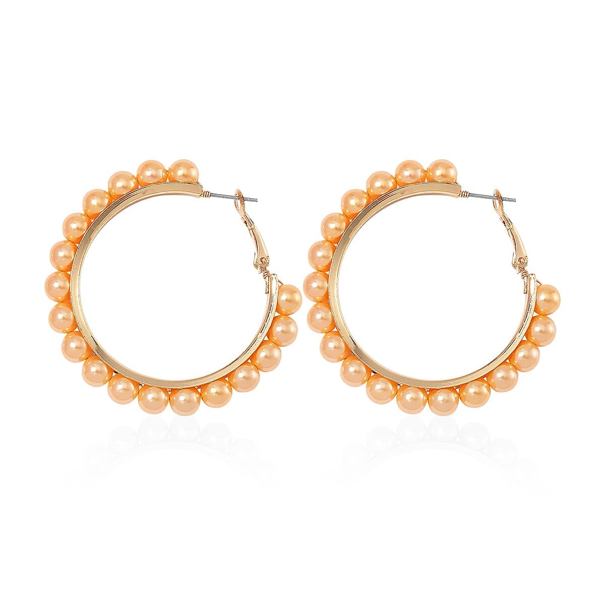 Shop LC Golden Color Shell Pearl Hoop Earrings in ION Plated Yellow Gold Stainless Steel - Image 4