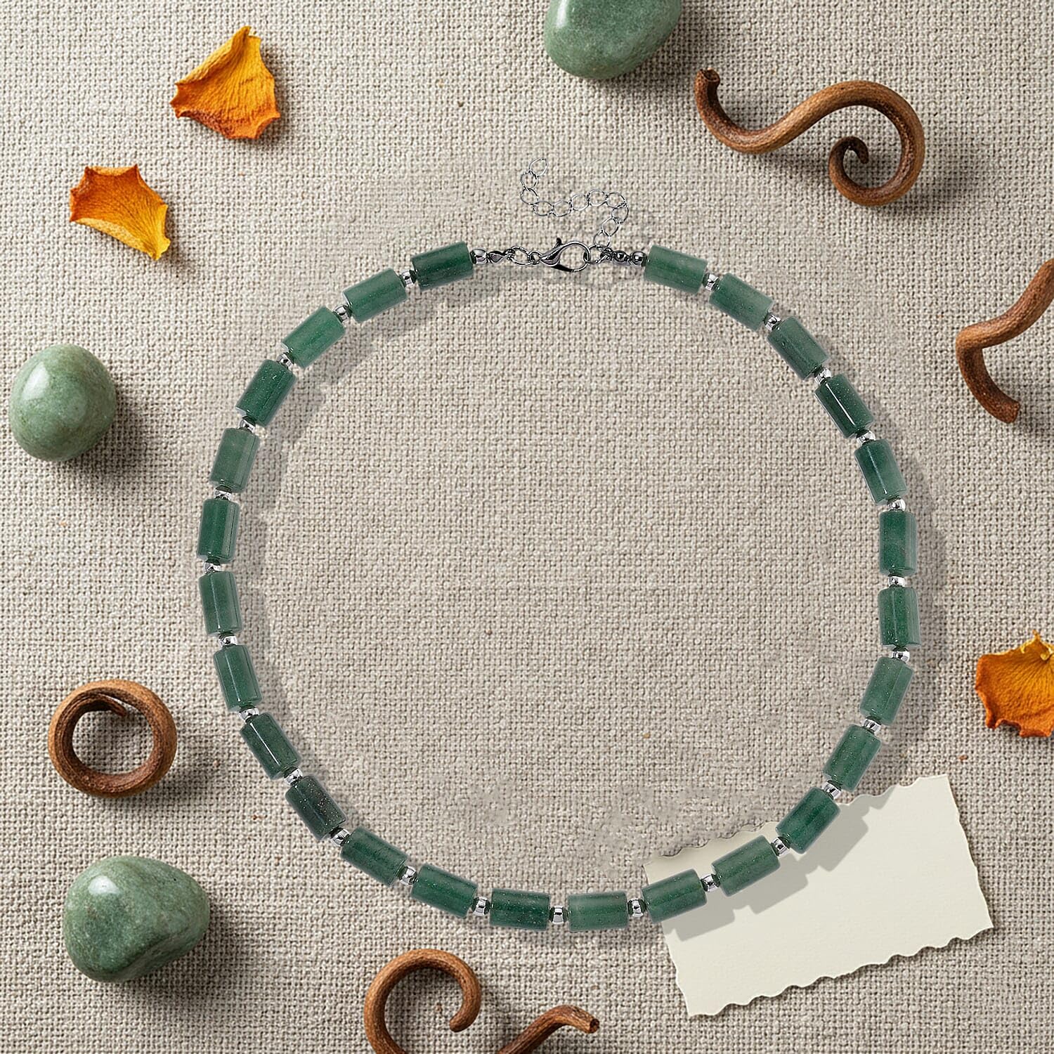 Shop LC Green Aventurine 204.00 ctw Barrel Necklace in Silvertone 18-20 Inches - Image 2