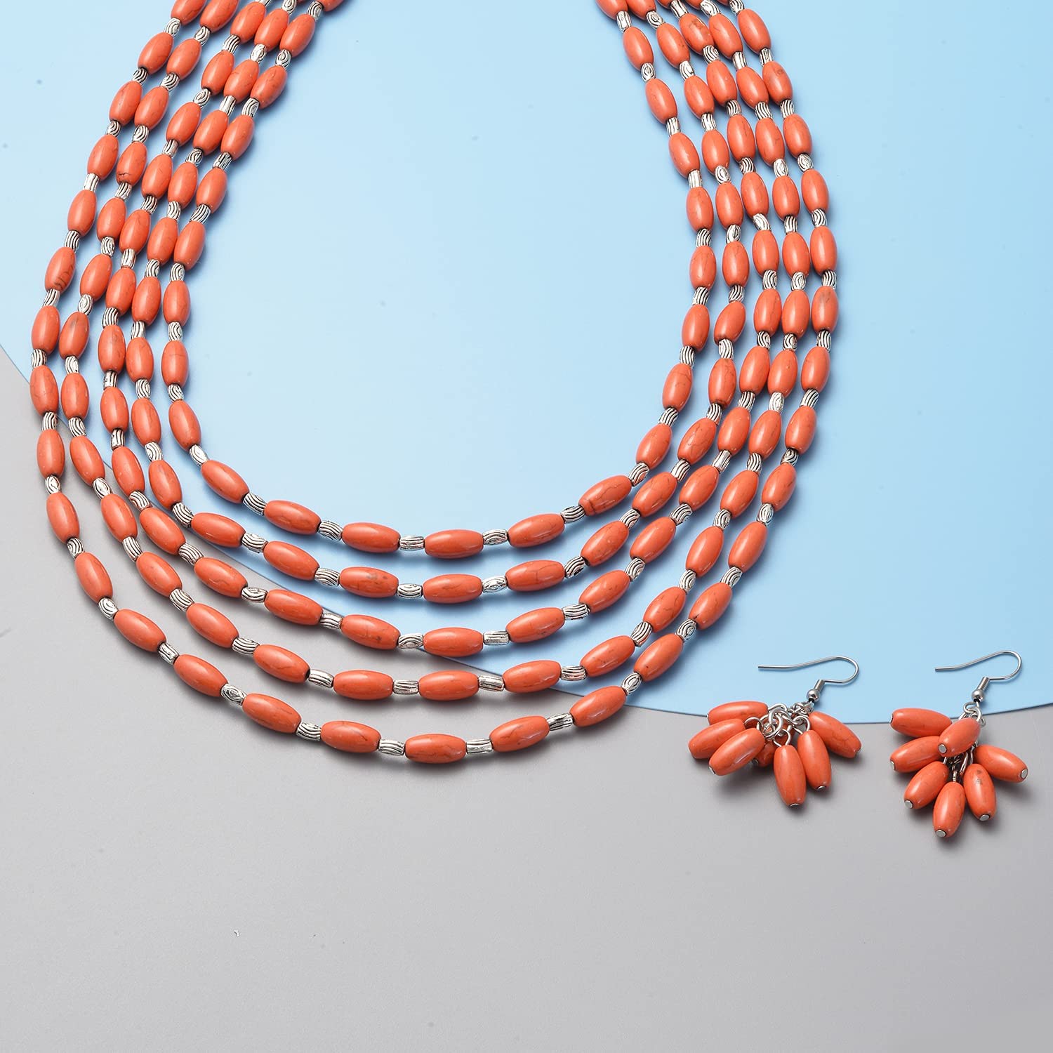 Shop LC Lapis Lazuli Bracelet Earrings and Mala Choker and Howlite Platinum Plated Earrings with Necklace Jewelry Sets Gifts for Women - Image 3