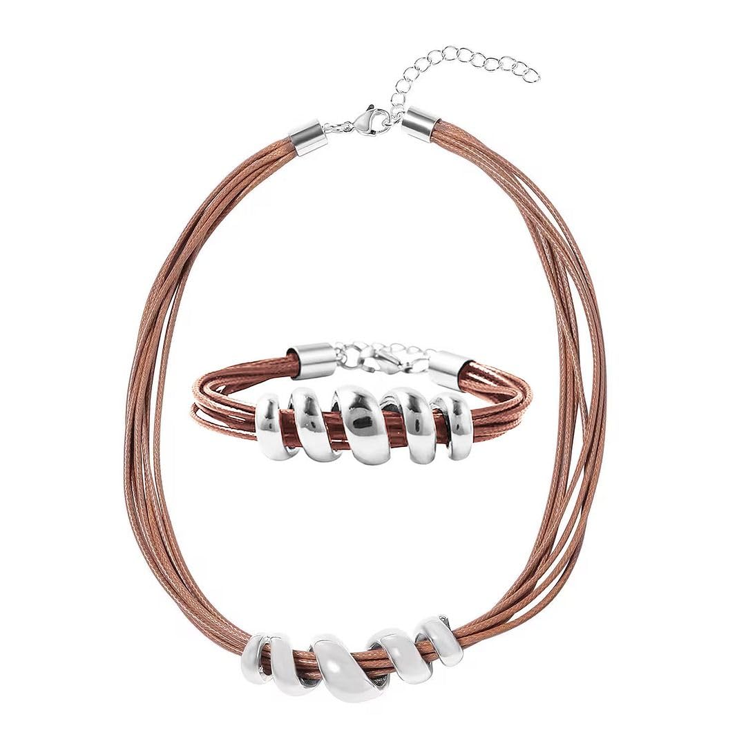 SHOP LC Leather Cord Choker Necklace for Women 16" & Cuff Bracelet 7" - Faux Boho Necklace Set Adjustable Lobster Claw Rope Jewelry Gifts