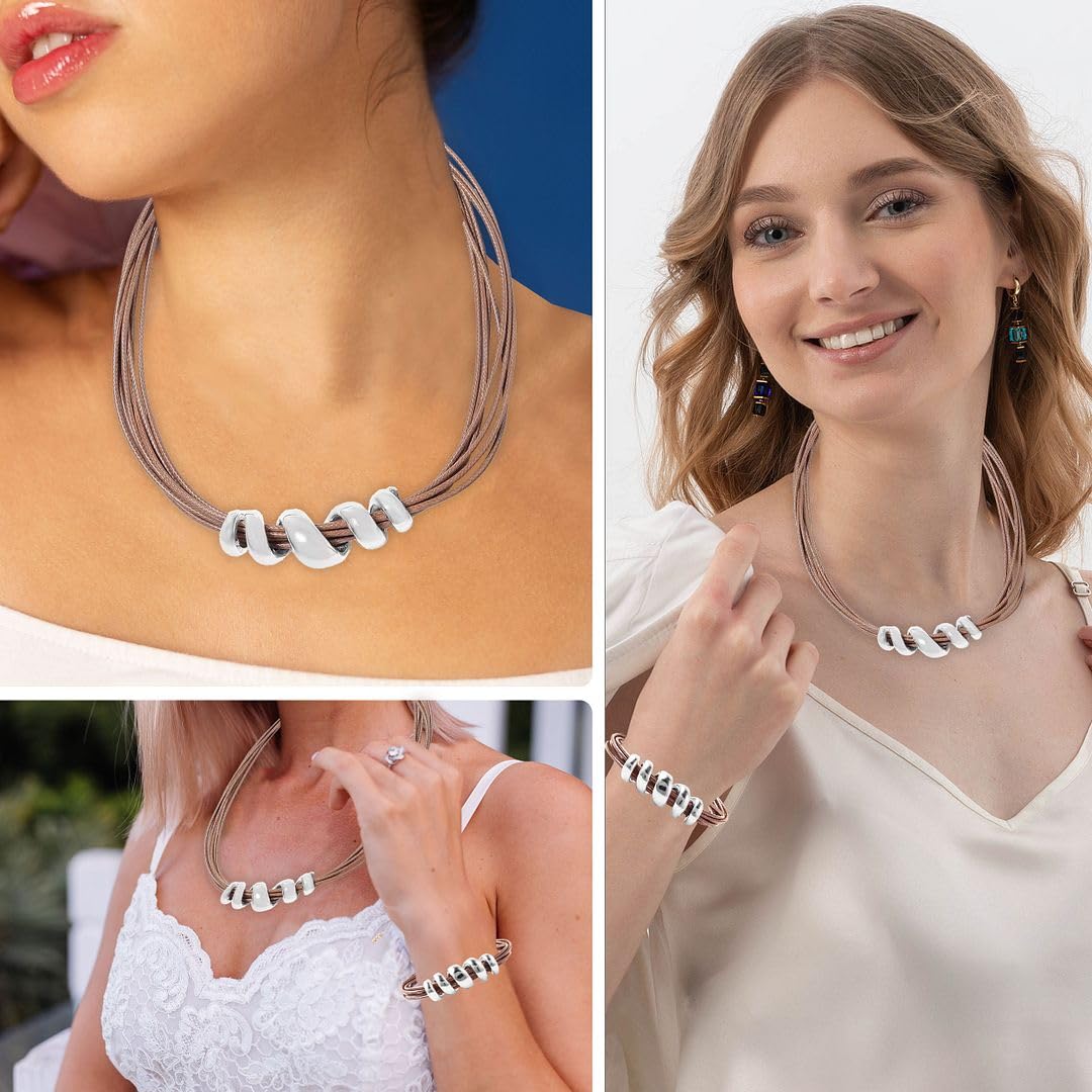 SHOP LC Leather Cord Choker Necklace for Women 16" & Cuff Bracelet 7" - Faux Boho Necklace Set Adjustable Lobster Claw Rope Jewelry Gifts - Image 2