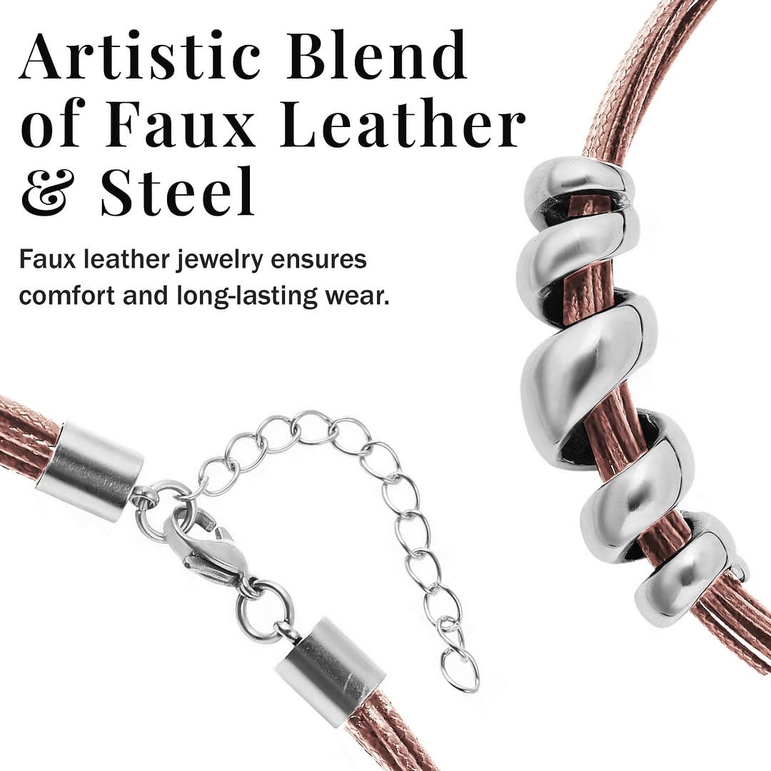 SHOP LC Leather Cord Choker Necklace for Women 16" & Cuff Bracelet 7" - Faux Boho Necklace Set Adjustable Lobster Claw Rope Jewelry Gifts - Image 3