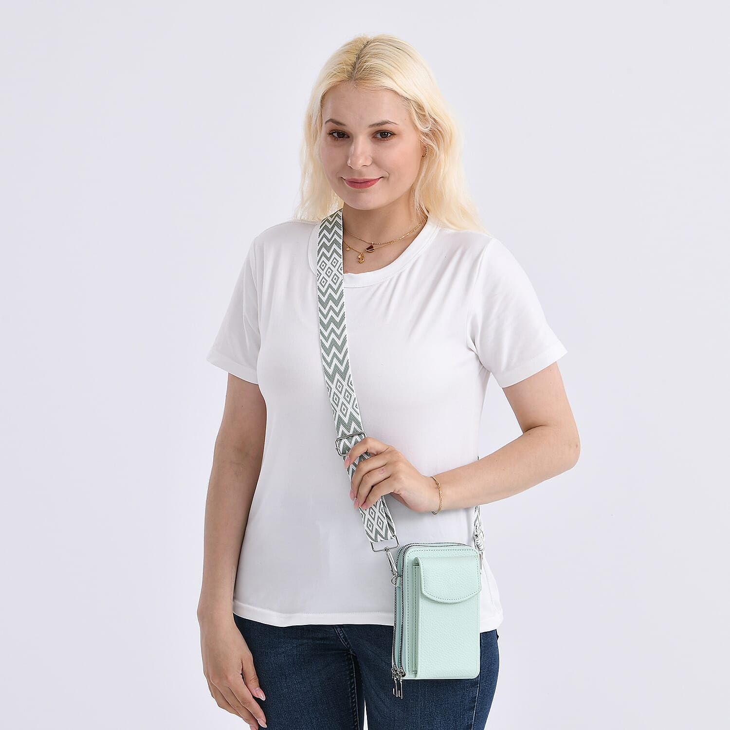 Shop LC Mint Green Litchi Embossed Faux Leather Crossbody Bag with Woven Shoulder Strap - Image 2