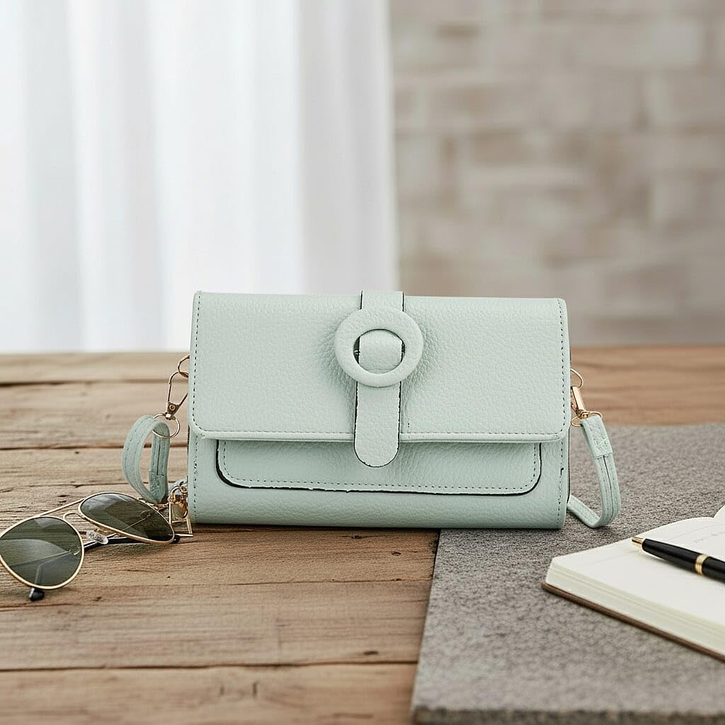 Shop LC Mint Green Solid Faux Leather Crossbody Wallet with Shoulder Strap - Image 2
