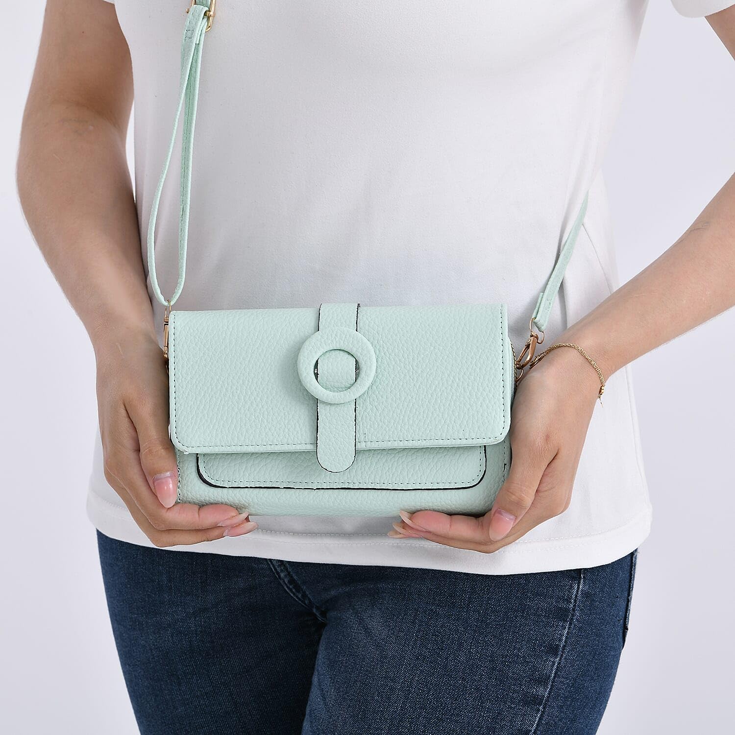 Shop LC Mint Green Solid Faux Leather Crossbody Wallet with Shoulder Strap - Image 4