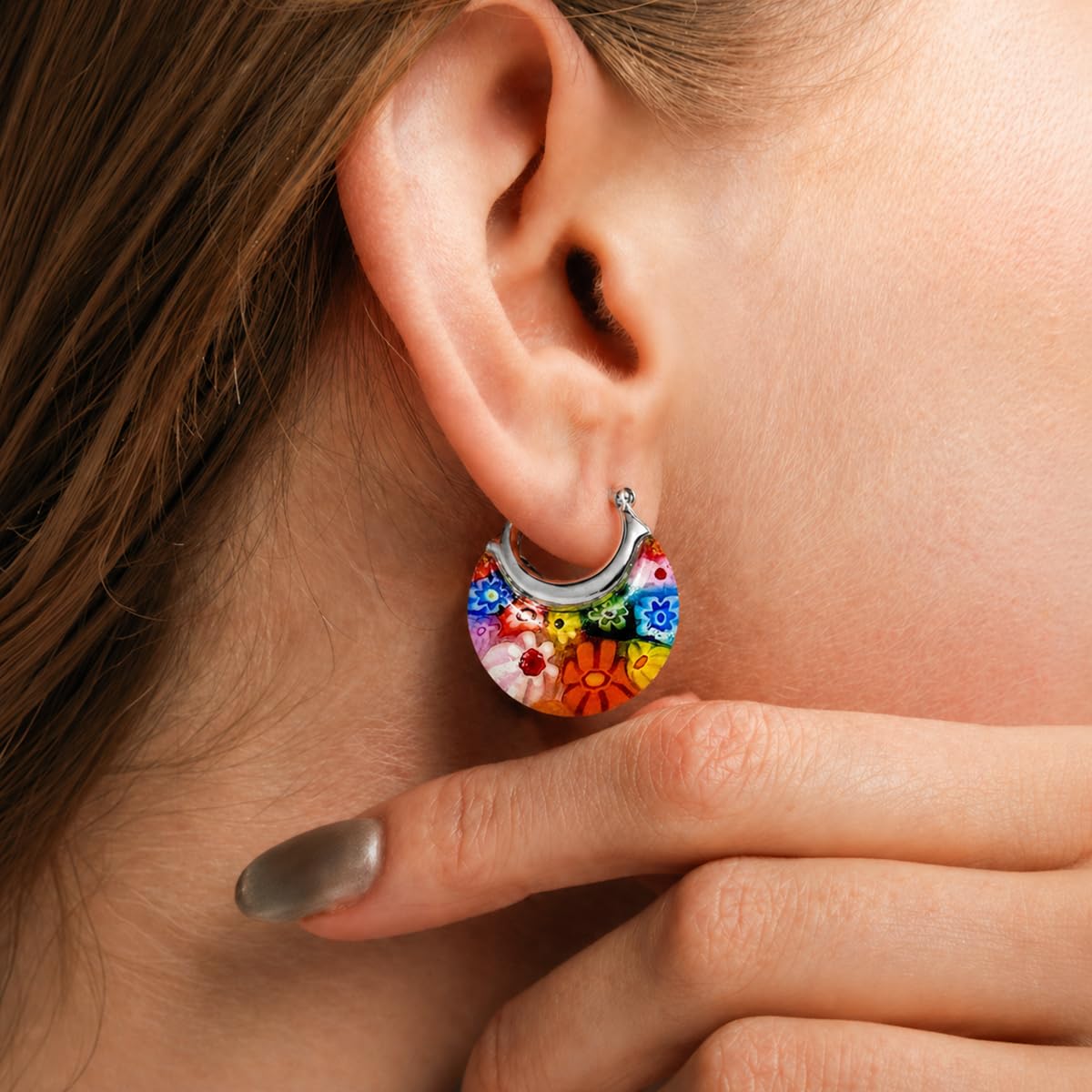 Shop LC Murano Style Glass Hoop Earrings for Women - Statement Floral Colorful Flower Stainless Steel Costume Jewelry Birthday Gifts 11.6g - Image 3