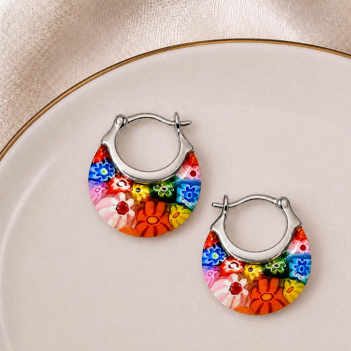Shop LC Murano Style Glass Hoop Earrings for Women - Statement Floral Colorful Flower Stainless Steel Costume Jewelry Birthday Gifts 11.6g - Image 4