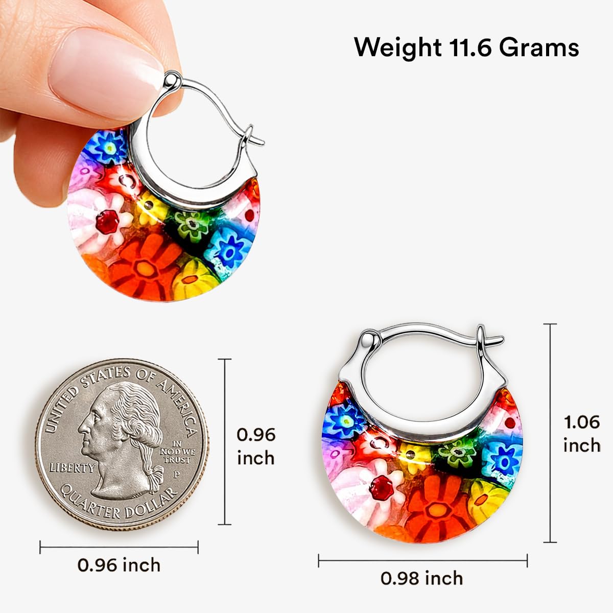 Shop LC Murano Style Glass Hoop Earrings for Women - Statement Floral Colorful Flower Stainless Steel Costume Jewelry Birthday Gifts 11.6g - Image 5