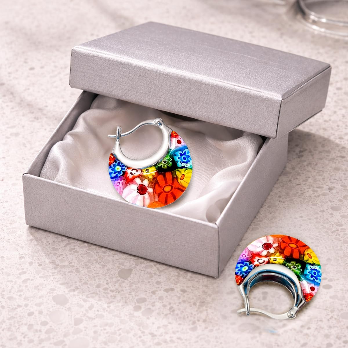 Shop LC Murano Style Glass Hoop Earrings for Women - Statement Floral Colorful Flower Stainless Steel Costume Jewelry Birthday Gifts 11.6g - Image 7