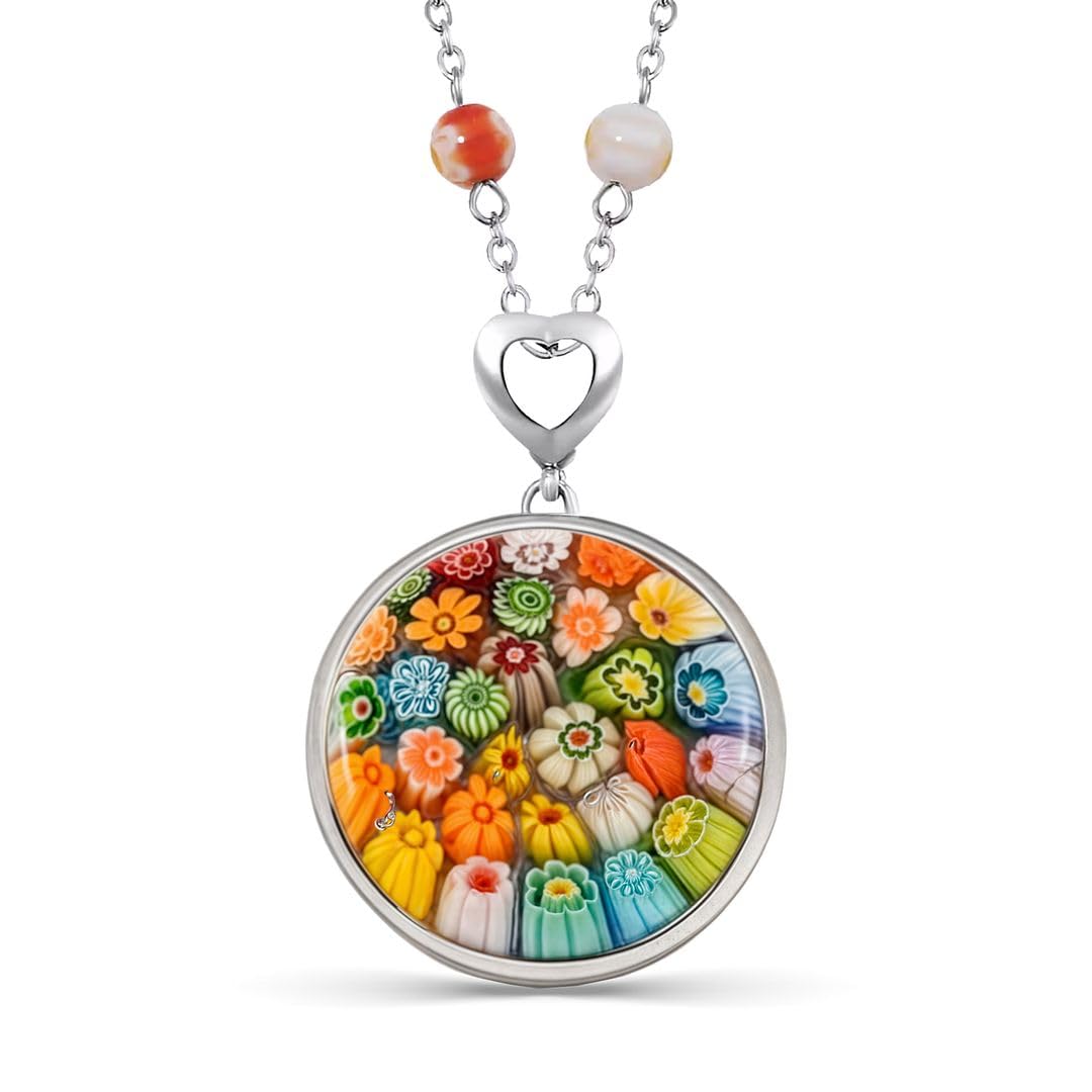 SHOP LC Murano Style Multicolor Millefiori Glass Pendant Necklace - Beads Flowers Florals Colorful Jewelry for Women - Stainless Steel 24 Inches Chain - Gifts
