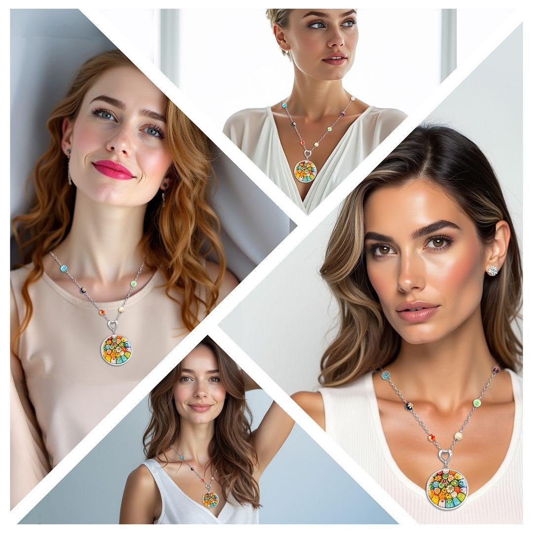 SHOP LC Murano Style Multicolor Millefiori Glass Pendant Necklace - Beads Flowers Florals Colorful Jewelry for Women - Stainless Steel 24 Inches Chain - Gifts - Image 2