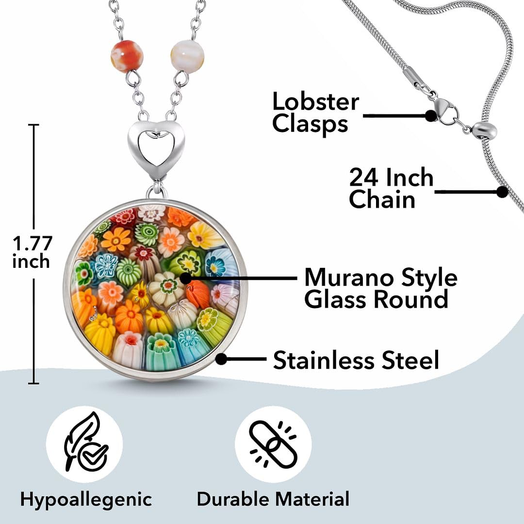 SHOP LC Murano Style Multicolor Millefiori Glass Pendant Necklace - Beads Flowers Florals Colorful Jewelry for Women - Stainless Steel 24 Inches Chain - Gifts - Image 3