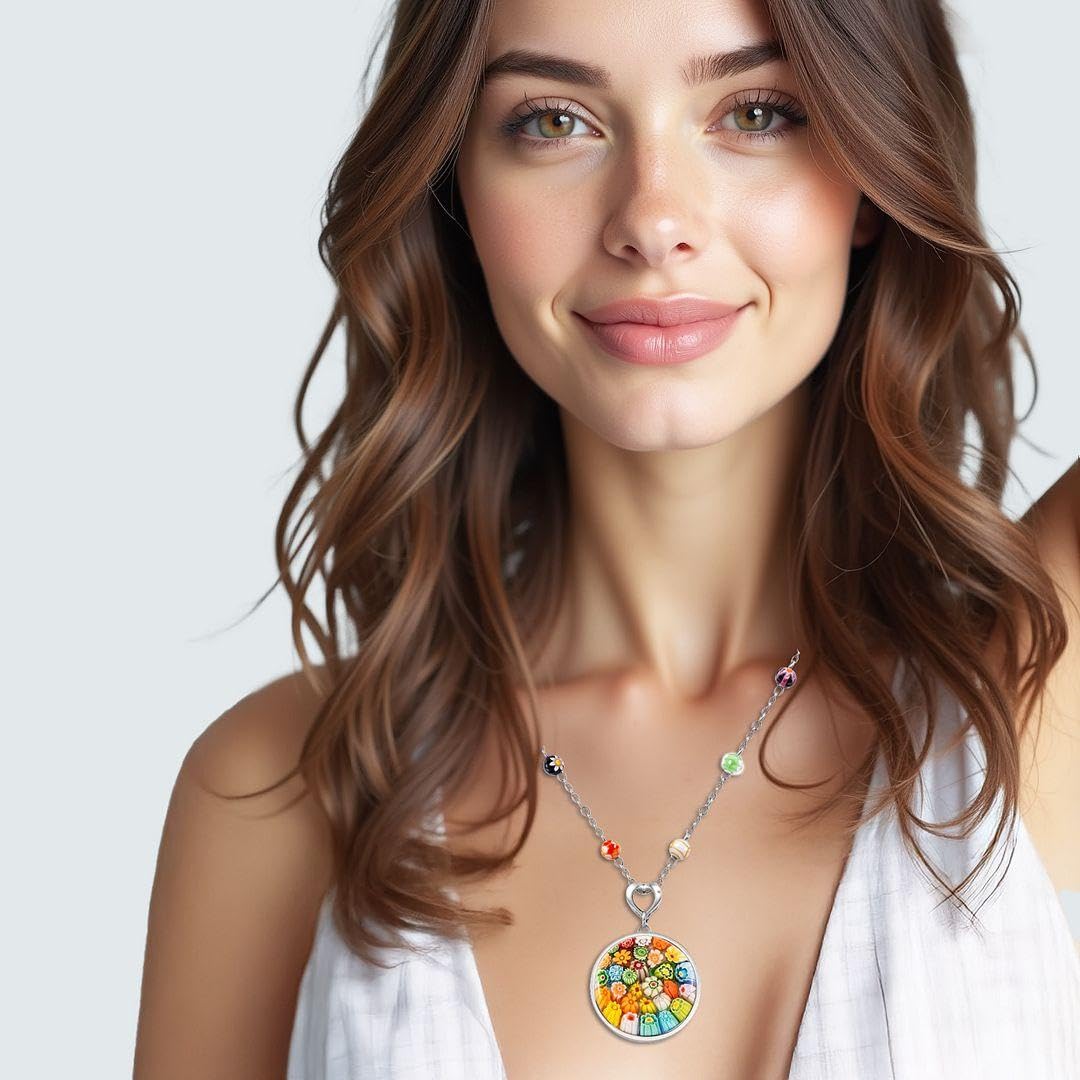 SHOP LC Murano Style Multicolor Millefiori Glass Pendant Necklace - Beads Flowers Florals Colorful Jewelry for Women - Stainless Steel 24 Inches Chain - Gifts - Image 4