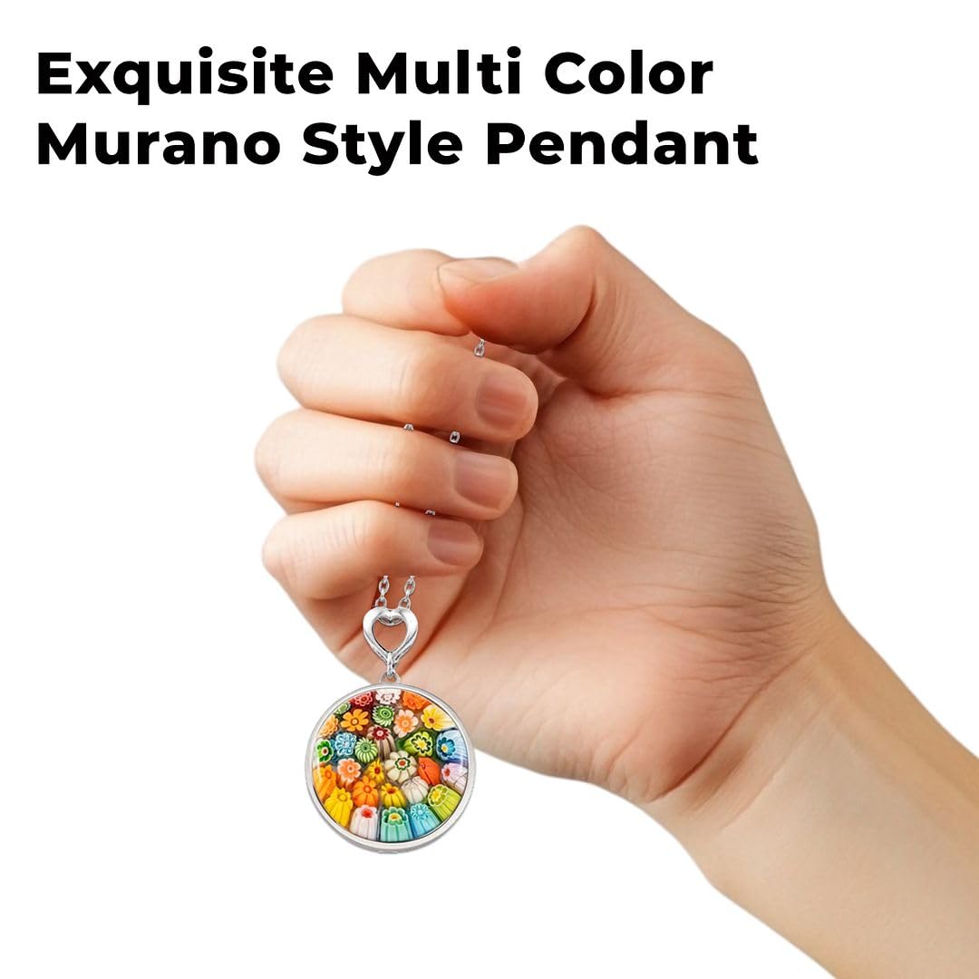 SHOP LC Murano Style Multicolor Millefiori Glass Pendant Necklace - Beads Flowers Florals Colorful Jewelry for Women - Stainless Steel 24 Inches Chain - Gifts - Image 5