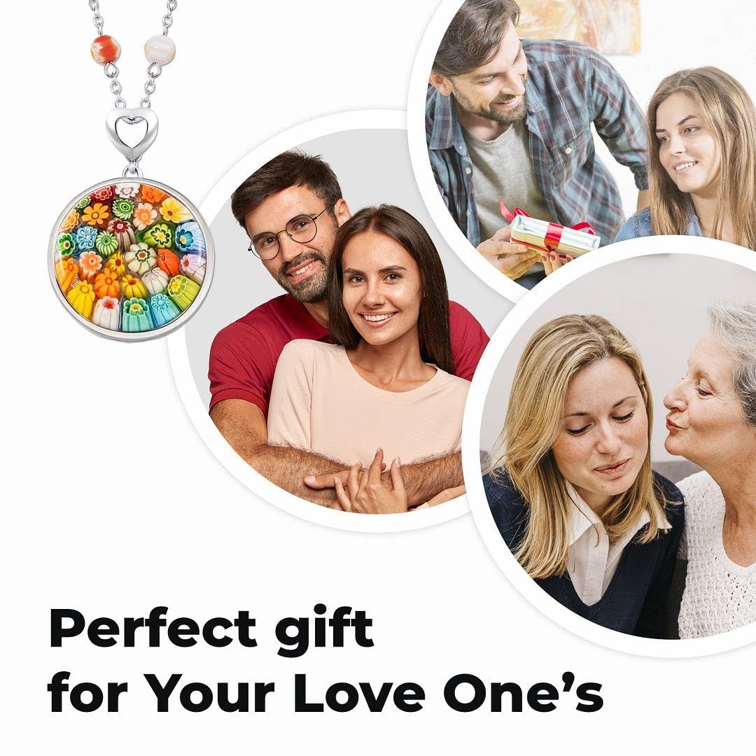 SHOP LC Murano Style Multicolor Millefiori Glass Pendant Necklace - Beads Flowers Florals Colorful Jewelry for Women - Stainless Steel 24 Inches Chain - Gifts - Image 6