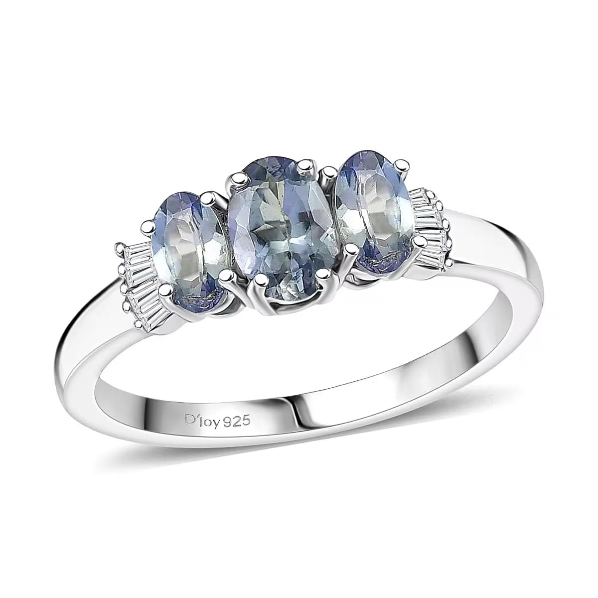 Shop LC Peacock Tanzanite and Diamond 1.10 ctw 3 Stone Ring in Rhodium Over Sterling Silver Size 7.0
