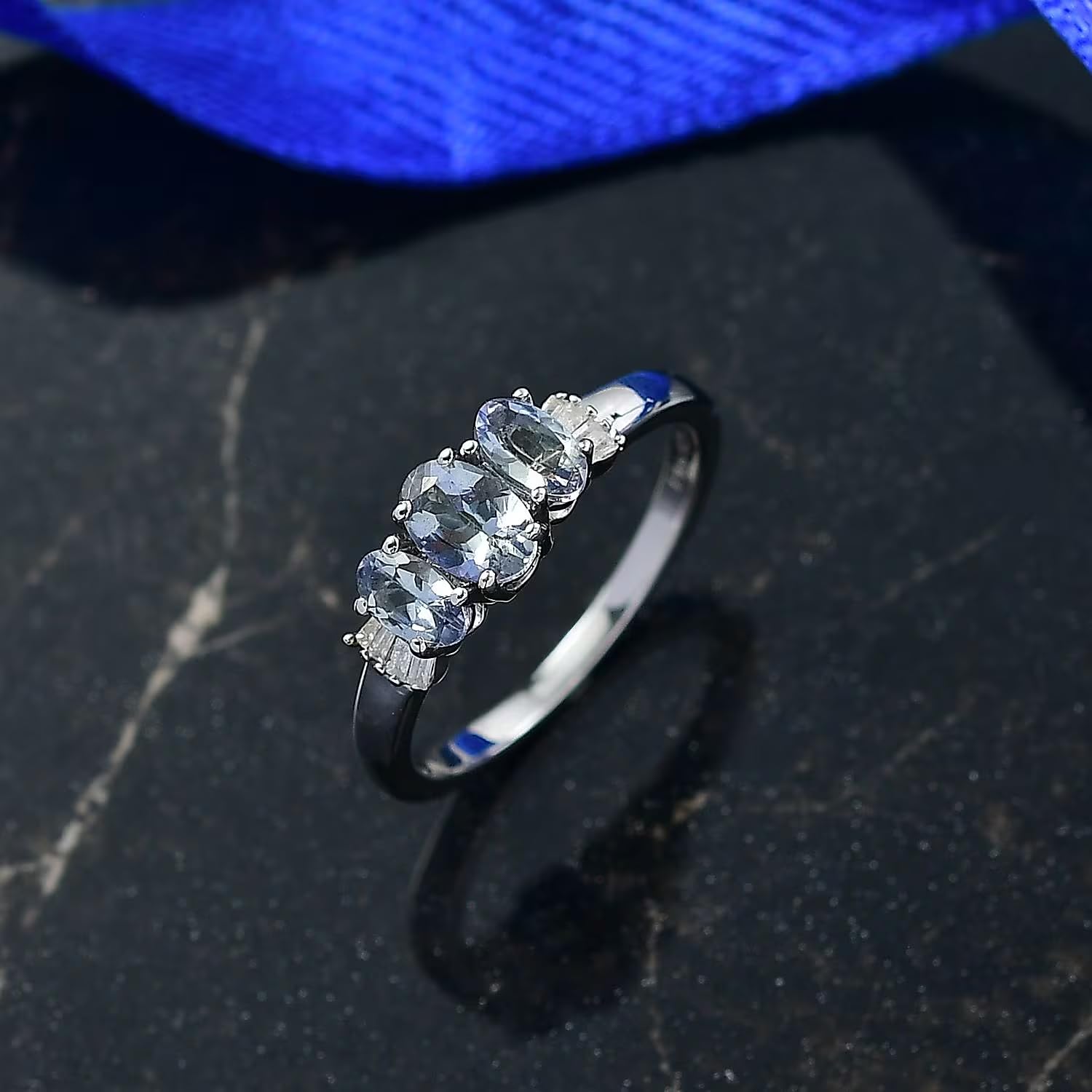 Shop LC Peacock Tanzanite and Diamond 1.10 ctw 3 Stone Ring in Rhodium Over Sterling Silver Size 7.0 - Image 2