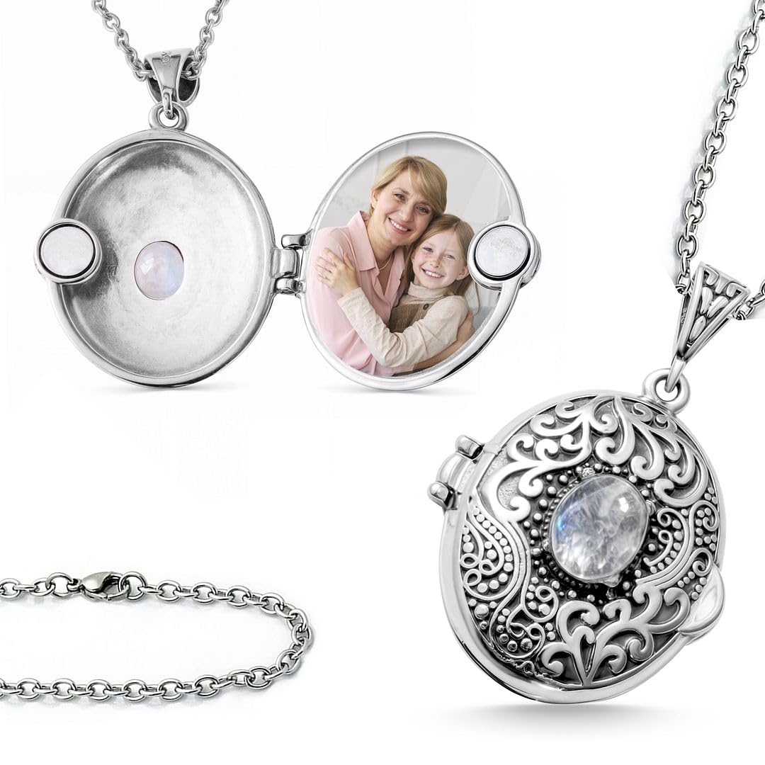 Shop LC Picture Locket Necklace for Women That Holds Pictures Photos - Multi Gemstones Customized Photo Jewelry Memory Personalized Gifts - Stainless Steel Chain 24 Inches