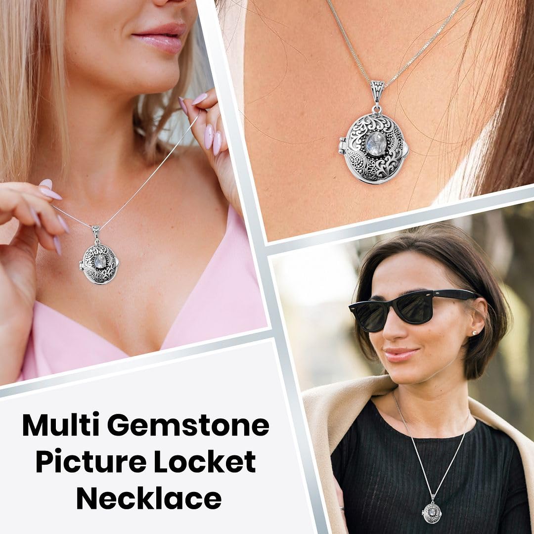 Shop LC Picture Locket Necklace for Women That Holds Pictures Photos - Multi Gemstones Customized Photo Jewelry Memory Personalized Gifts - Stainless Steel Chain 24 Inches - Image 2