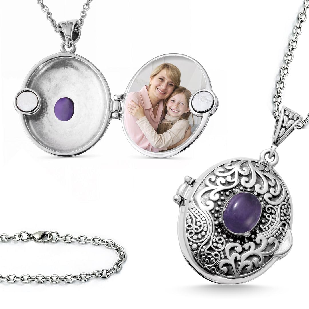 Shop LC Picture Locket Necklace for Women That Holds Pictures Photos - Multi Gemstones Customized Photo Jewelry Memory Personalized Gifts - Stainless Steel Chain 24 Inches