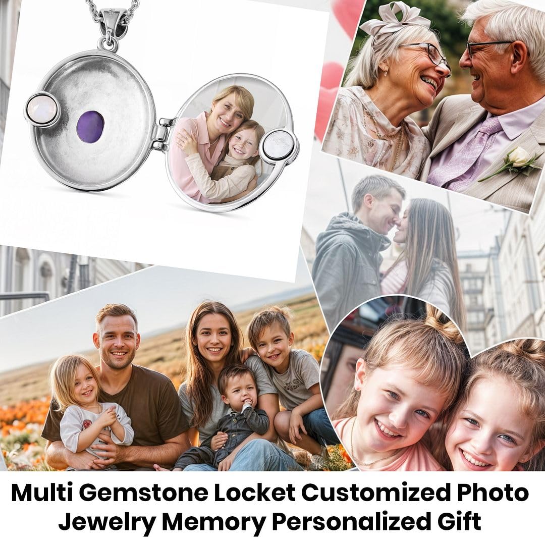 Shop LC Picture Locket Necklace for Women That Holds Pictures Photos - Multi Gemstones Customized Photo Jewelry Memory Personalized Gifts - Stainless Steel Chain 24 Inches - Image 3