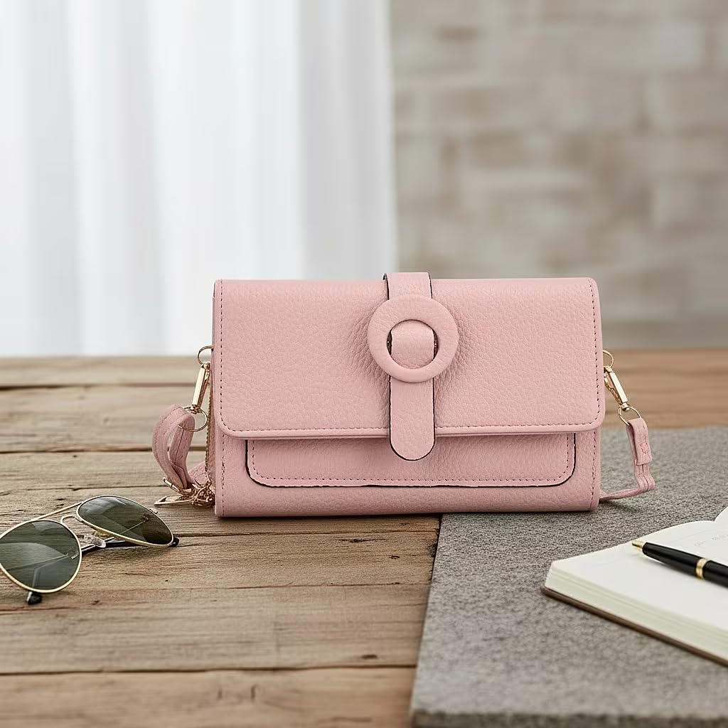 Shop LC Pink Solid Faux Leather Crossbody Wallet with Shoulder Strap - Image 2