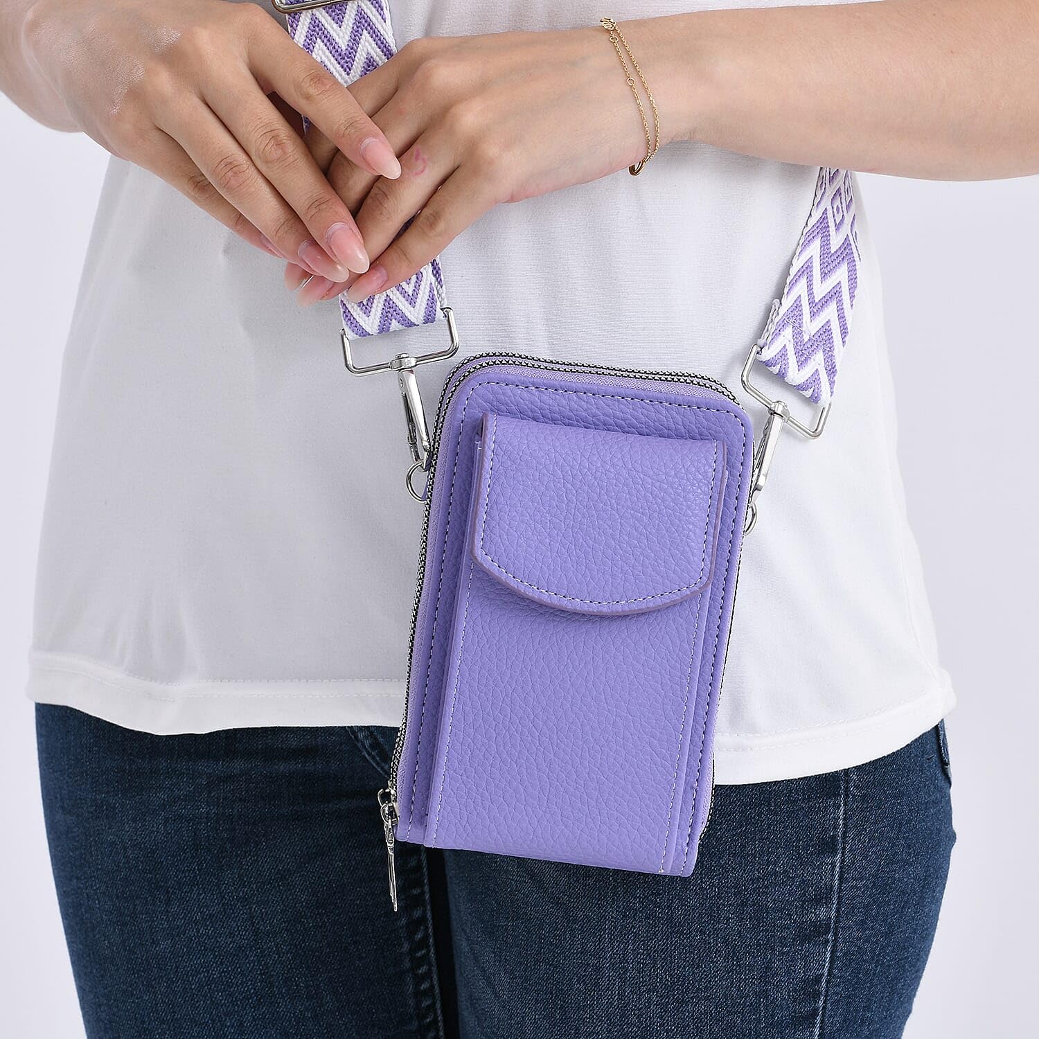 Shop LC Purple Litchi Embossed Faux Leather Crossbody Bag with Woven Shoulder Strap - Image 3