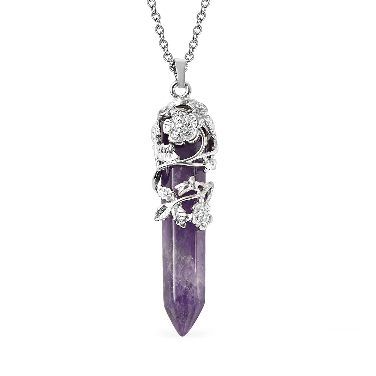 Shop LC Real Natural Purple Amethyst Necklace for Women 24" With Lobster Clasp - Healing Crystal Pendant Jewelry With Flower Wrapped Amethyst - Birthday Gifts