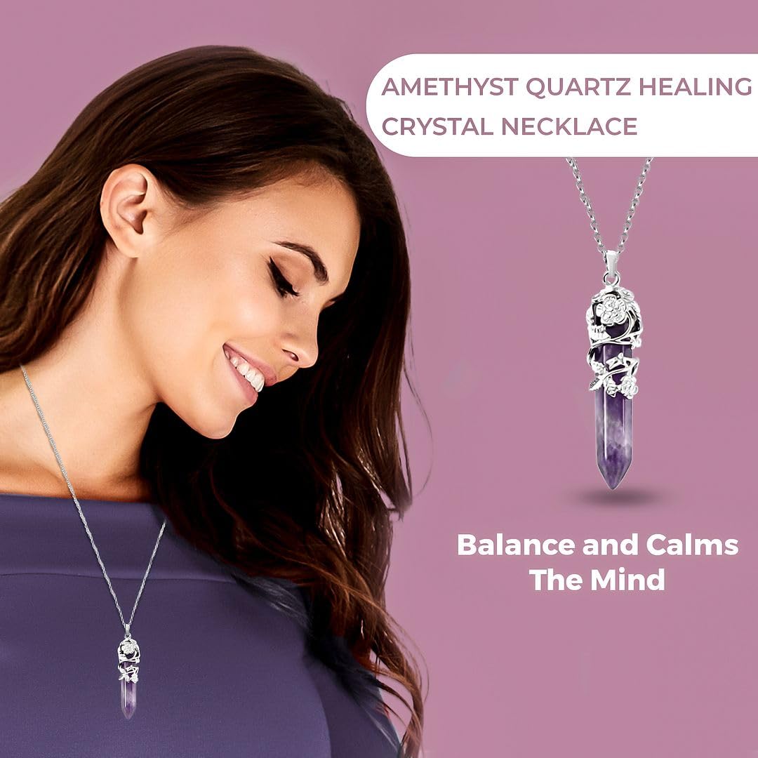 Shop LC Real Natural Purple Amethyst Necklace for Women 24" With Lobster Clasp - Healing Crystal Pendant Jewelry With Flower Wrapped Amethyst - Birthday Gifts - Image 3