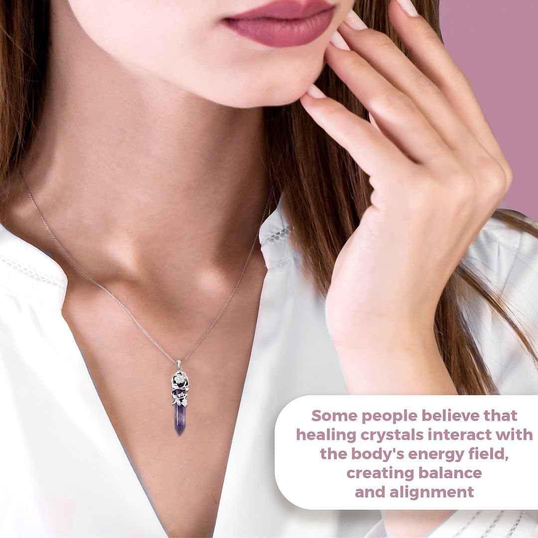Shop LC Real Natural Purple Amethyst Necklace for Women 24" With Lobster Clasp - Healing Crystal Pendant Jewelry With Flower Wrapped Amethyst - Birthday Gifts - Image 4