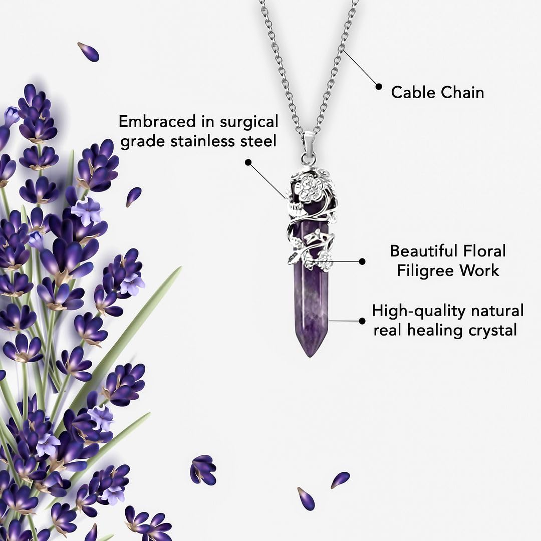 Shop LC Real Natural Purple Amethyst Necklace for Women 24" With Lobster Clasp - Healing Crystal Pendant Jewelry With Flower Wrapped Amethyst - Birthday Gifts - Image 5
