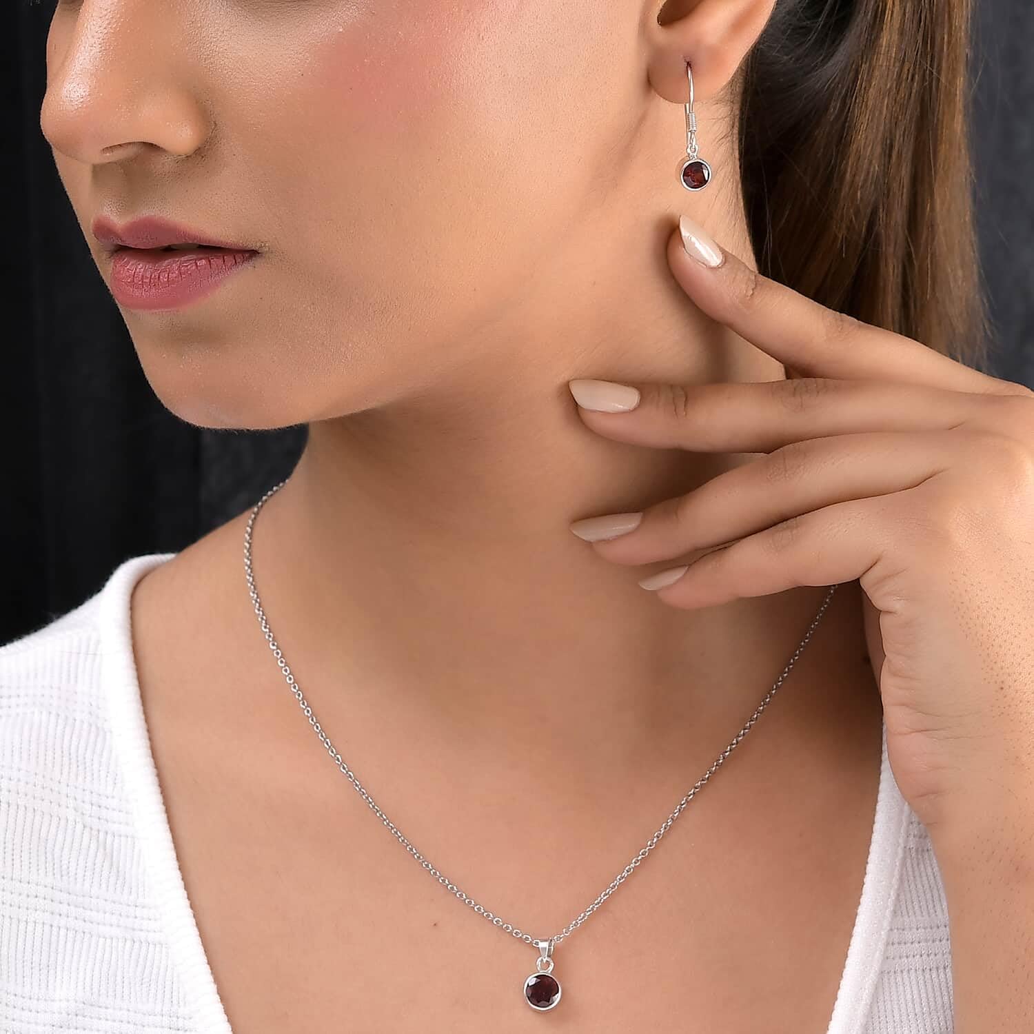Shop LC Red Garnet Jewelry Set for Women Necklace Dangle Earrings 925 Sterling Silver Platinum Plated Fish Hook Ct 2 Size 20" Christmas Gifts for Women - Image 3