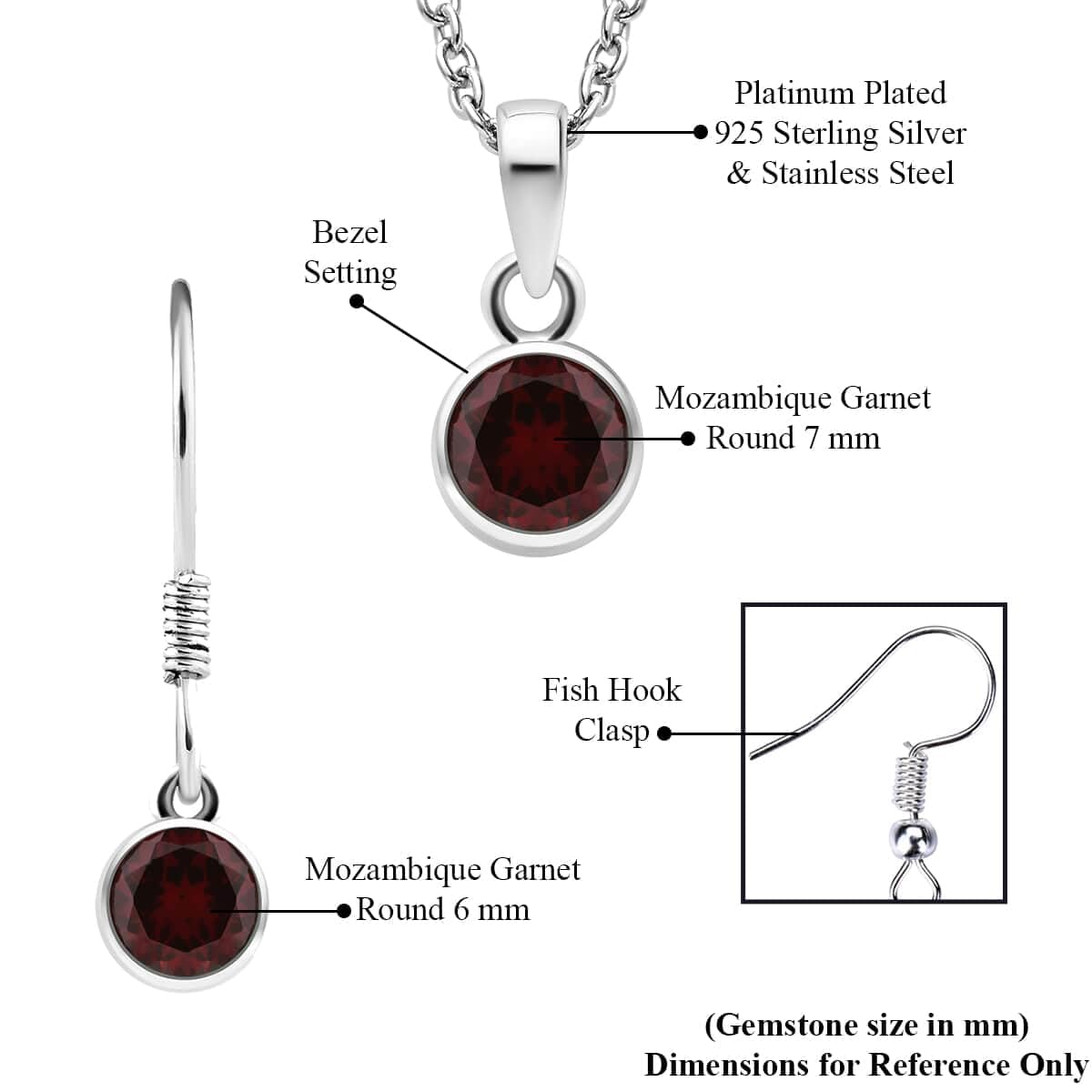 Shop LC Red Garnet Jewelry Set for Women Necklace Dangle Earrings 925 Sterling Silver Platinum Plated Fish Hook Ct 2 Size 20" Christmas Gifts for Women - Image 4